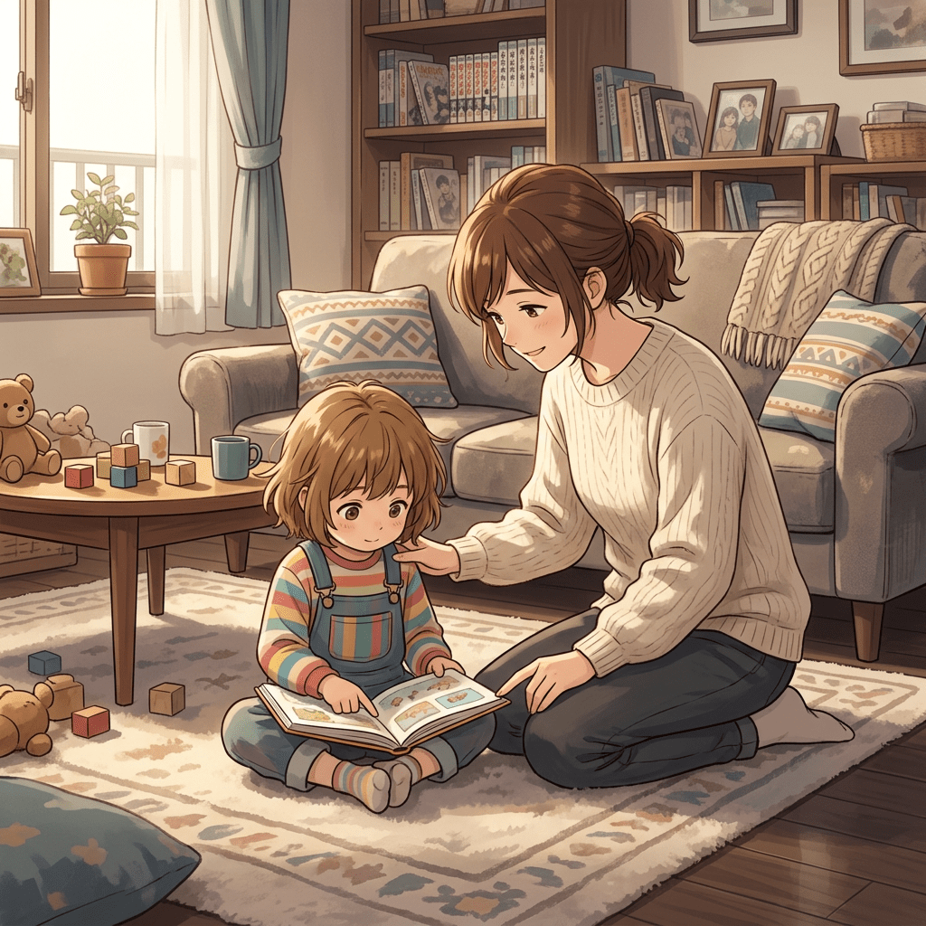 Mother and child reading a book together in a cozy living room